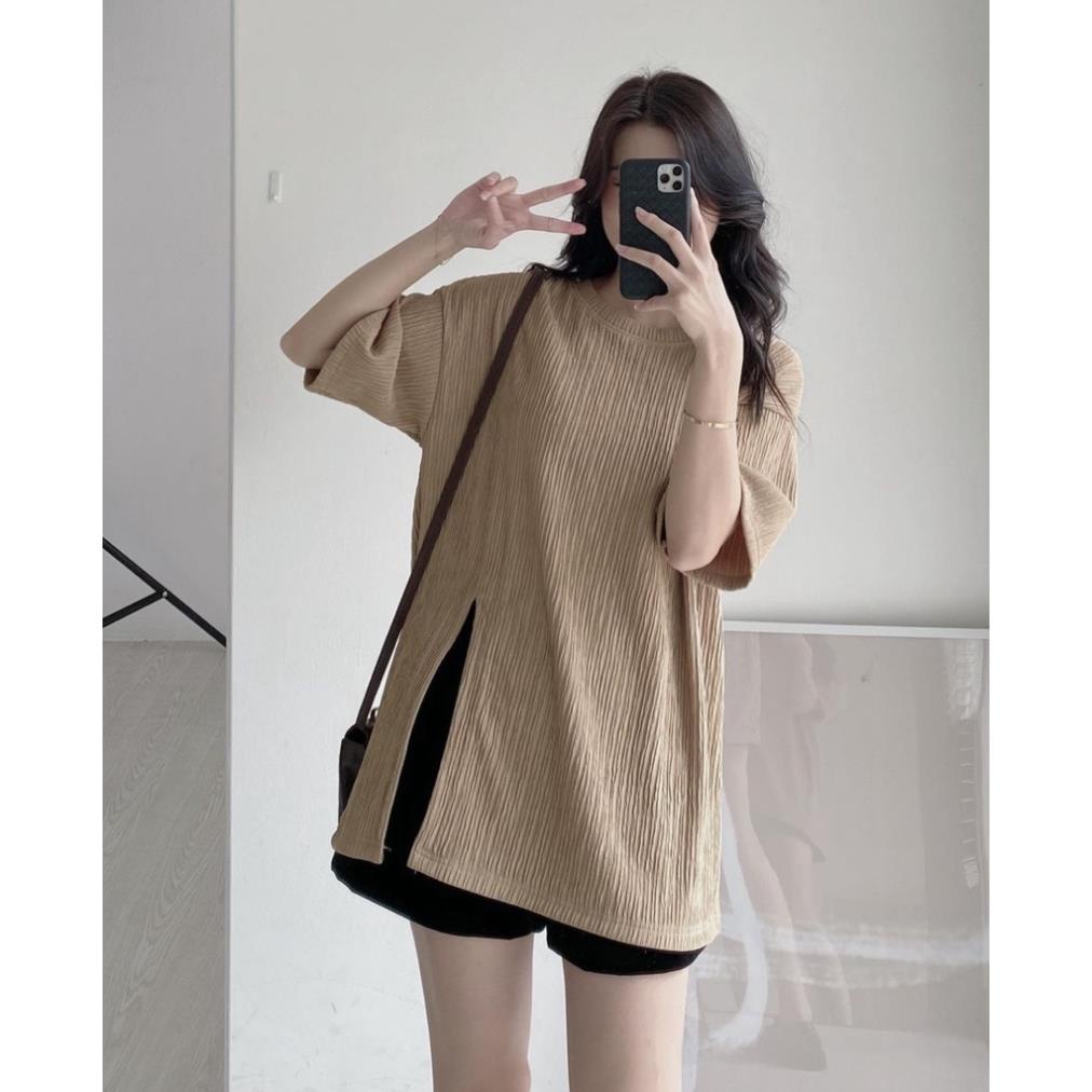 Áo thun xốp, Áo xốp cỏ tròn tay lỡ xẻ tà 1 bên mẫu mới 2023 maylala.store