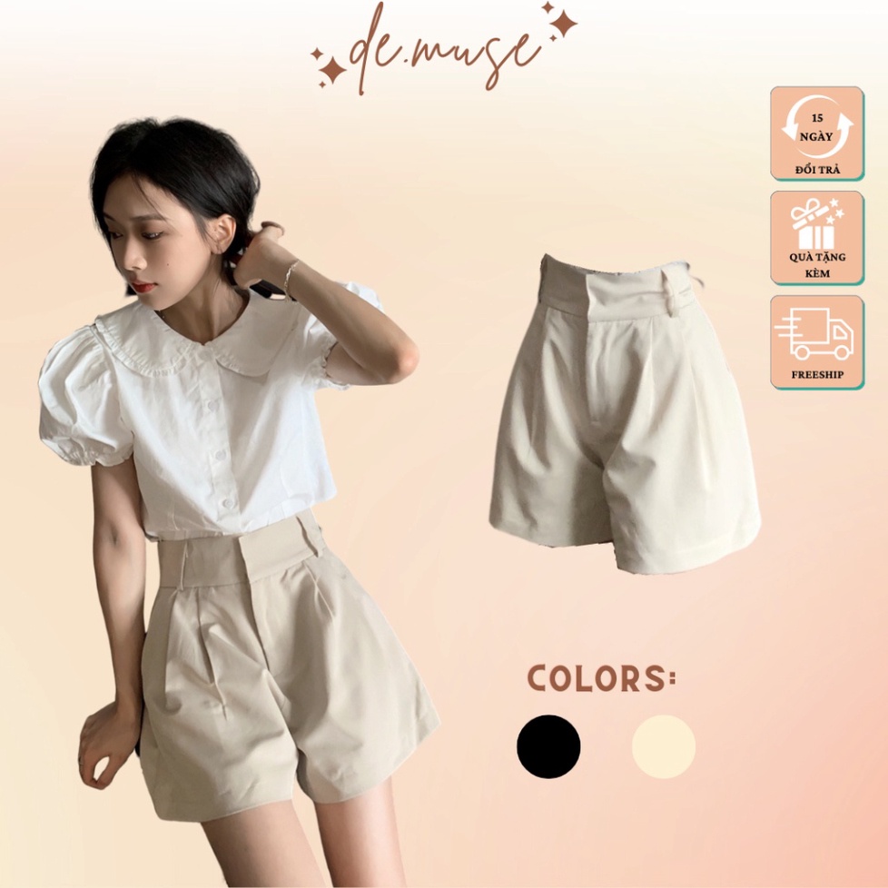 Quần short nữ chất liệu Kaki cạp cao khuy móc xếp ly dáng xèo năng động nữ tính thời trang thiết kế Demuse - Hàng mới về
