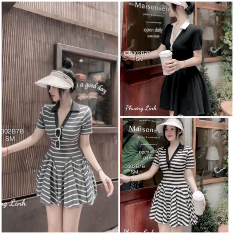 Đầm Xoè Cổ Trụ Thun Cotton Viền BEBEDOLL ,Váy Polo Nữ Kẻ Ngang Cổ Chữ V Chiết Eo Xoè Form Ngắn Phong Cách Trẻ Trung