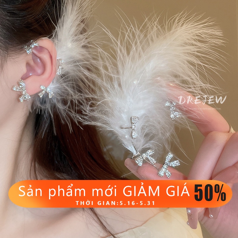 Drejew Khuyên Tai Dạng Kẹp Hình Nơ Đính Kim Cương Giả Siêu Nhẹ Cao Cấp Sang Trọng Cho Nữ