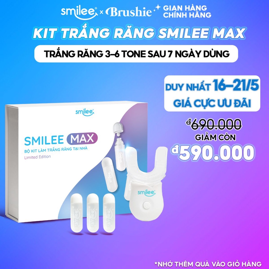 Bộ trắng răng tại nhà Smilee Max, trắng từ 3-6 tone sau 1 liệu trình, ngăn ngừa sâu răng viêm nướu, Hàng chính hãng