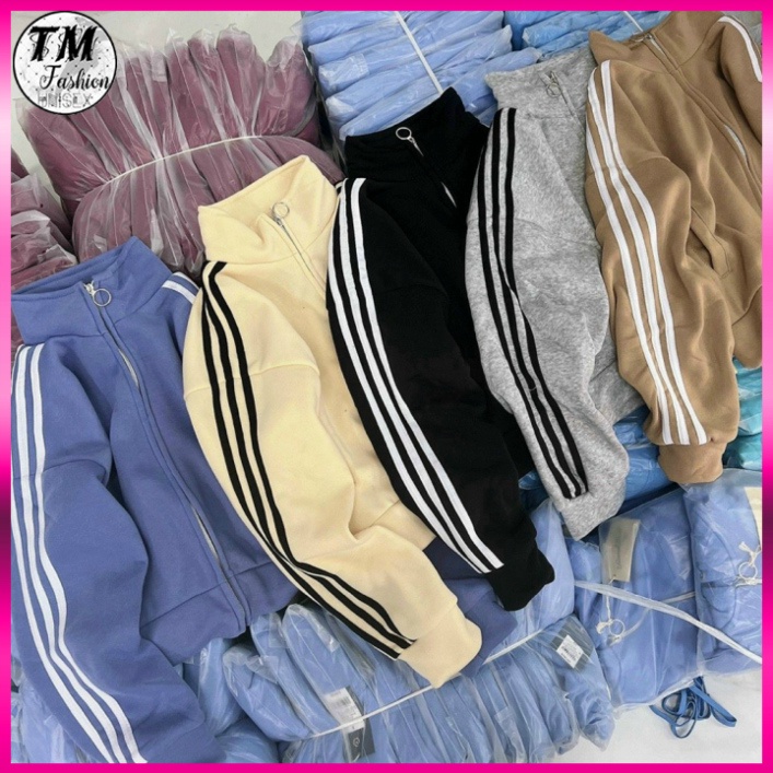 Áo Hoodie Zip Nỉ Ngoại Không Nón 3 Line - Áo Khoác Nỉ dây kéo Unisex 3 Sọc Tay  TM