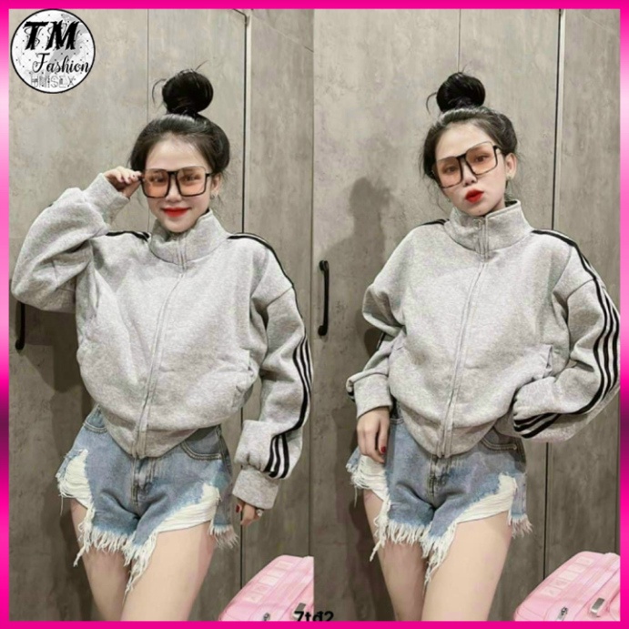 Áo Hoodie Zip Nỉ Ngoại Không Nón 3 Line - Áo Khoác Nỉ dây kéo Unisex 3 Sọc Tay  TM