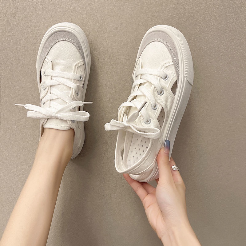 Giày Sandal Thể Thao Bằng Vải Canvas Thiết Kế Rỗng Nhẹ Thoáng Khí Phong Cách Hong Kong Thời Trang Mùa Hè Cho Nữ