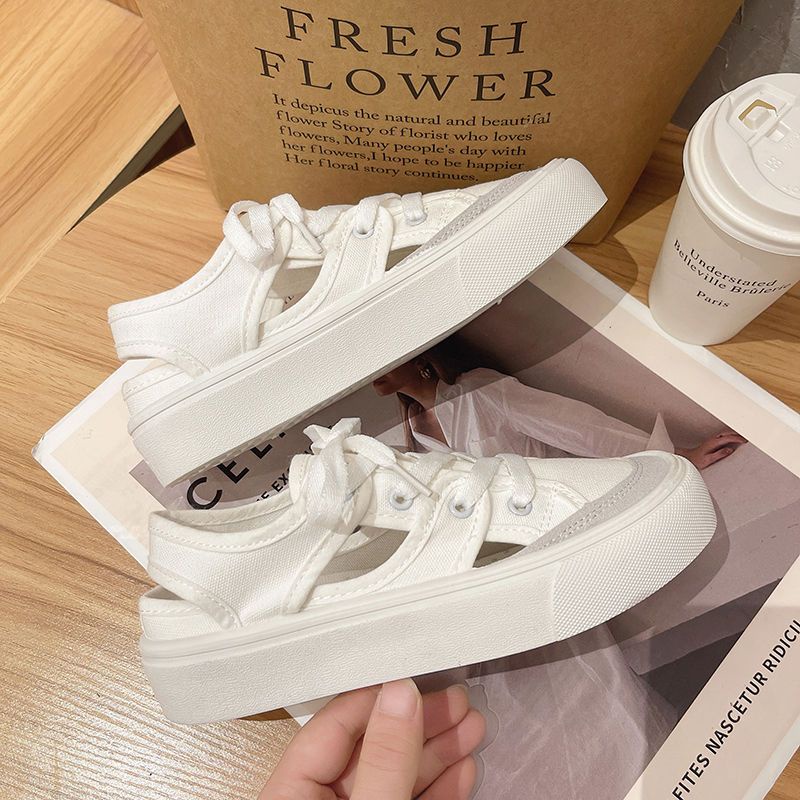 Giày Sandal Thể Thao Bằng Vải Canvas Thiết Kế Rỗng Nhẹ Thoáng Khí Phong Cách Hong Kong Thời Trang Mùa Hè Cho Nữ