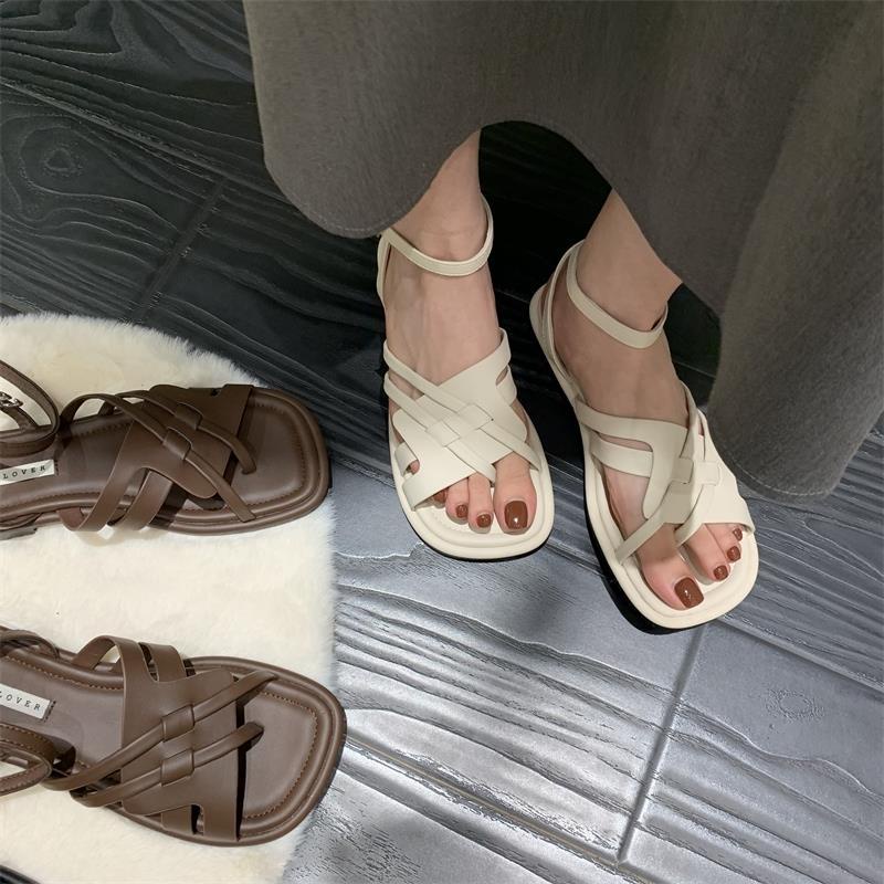Giày Sandal Đế Bằng Thiết Kế Dây Đan Chéo Phong Cách Roman