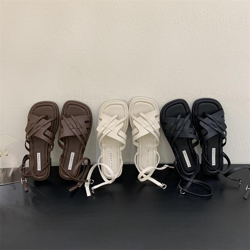 Giày Sandal Đế Bằng Thiết Kế Dây Đan Chéo Phong Cách Roman