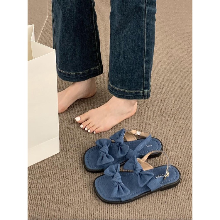 Giày Sandal Denim Hở Ngón Đính Nơ Thời Trang Mùa Hè Cho Nữ