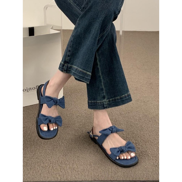 Giày Sandal Denim Hở Ngón Đính Nơ Thời Trang Mùa Hè Cho Nữ