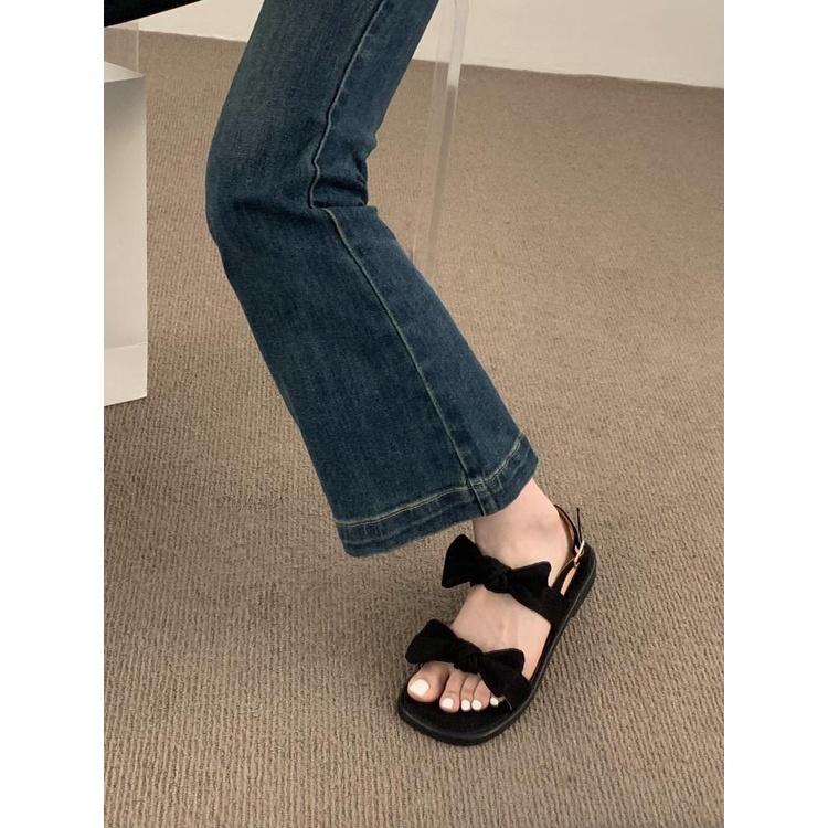 Giày Sandal Denim Hở Ngón Đính Nơ Thời Trang Mùa Hè Cho Nữ