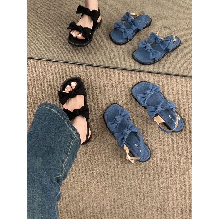 Giày Sandal Denim Hở Ngón Đính Nơ Thời Trang Mùa Hè Cho Nữ