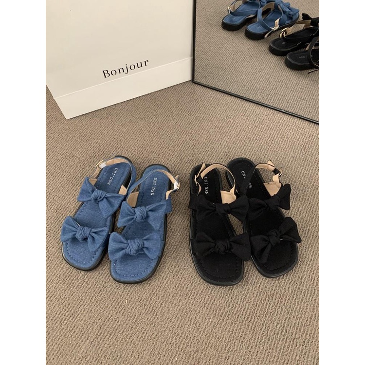 Giày Sandal Denim Hở Ngón Đính Nơ Thời Trang Mùa Hè Cho Nữ