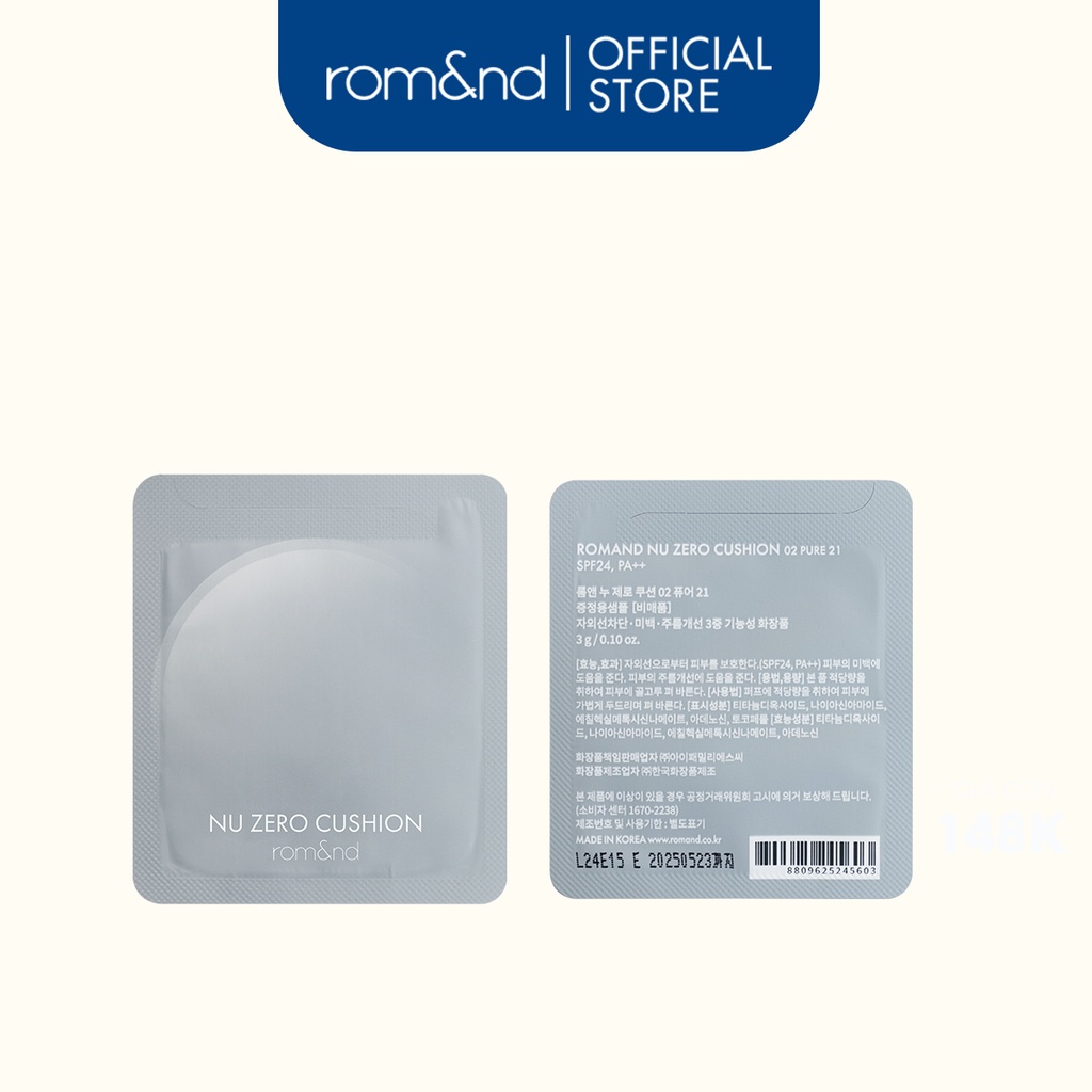 [HB GIFT] [Rom&amp;nd] Sample Romand Nu Zero Cushion SPF24/PA++ #02 Pure 21  [Hàng tặng không bán]