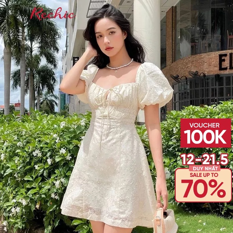 RECHIC Đầm Ngắn Desti kiểu cúp ngực tay phồng dịu dàng nữ tính phù hợp đi làm dạo phố