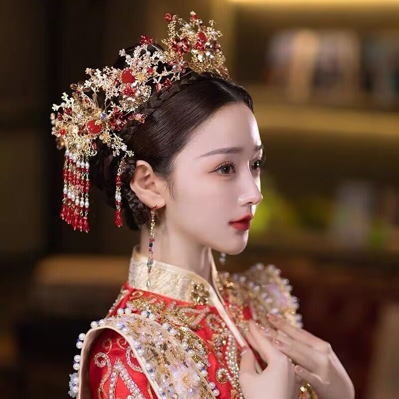 Phụ Kiện Tóc Tua Rua Màu Đỏ Phong Cách Trung Hoa Cho Cô Dâu