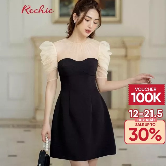 RECHIC Allison Đầm Màu Đen cổ tròn phối tay ren sang trọng thời thượng thanh lịch