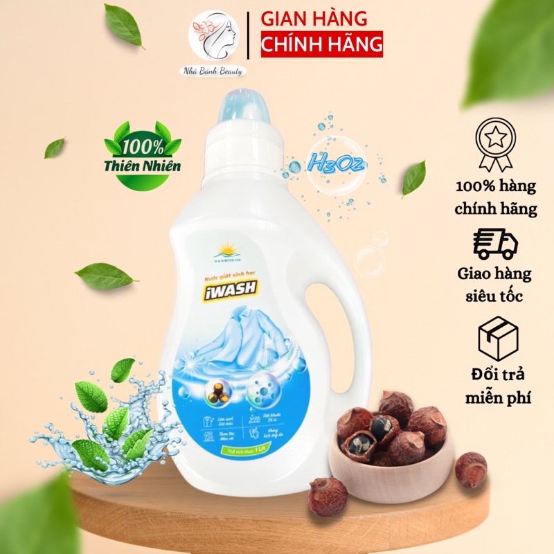 Nước Giặt Sinh Học Iwash (Làm Sạch Vải Tự Nhiên, Giữ Màu, Mềm Vải, Lưu Hương 24 Giờ, Làm Mềm Da Tay 1 Lít)