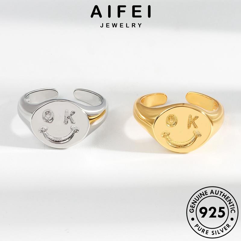 AIFEI JEWELRY kiện quốc khuôn cười nguyên cá thật bạc trang nhân bản vàng mặt nhẫn 925 phụ sức nữ hàn thời R1065