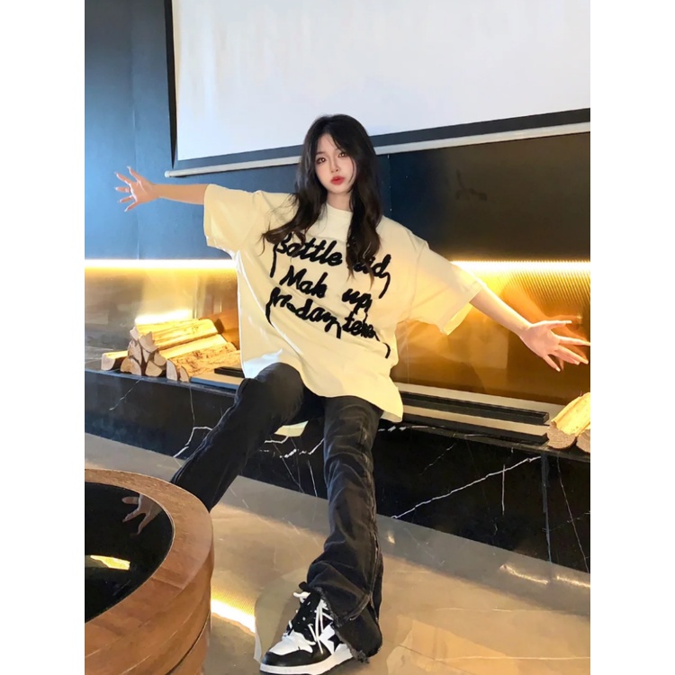 Jiashucheng Áo Thun Ngắn Tay Dáng Rộng Dài Vừa Phải In Chữ Phong Cách Hàn Quốc Thời Trang Mùa Hè Mới @ -