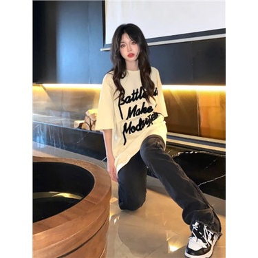 Jiashucheng Áo Thun Ngắn Tay Dáng Rộng Dài Vừa Phải In Chữ Phong Cách Hàn Quốc Thời Trang Mùa Hè Mới @ -