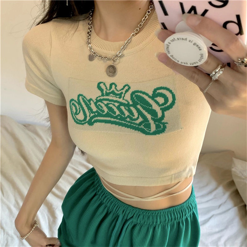 Jiashucheng Áo Thun Nữ Ngắn Tay In Chữ Phong Cách Mới