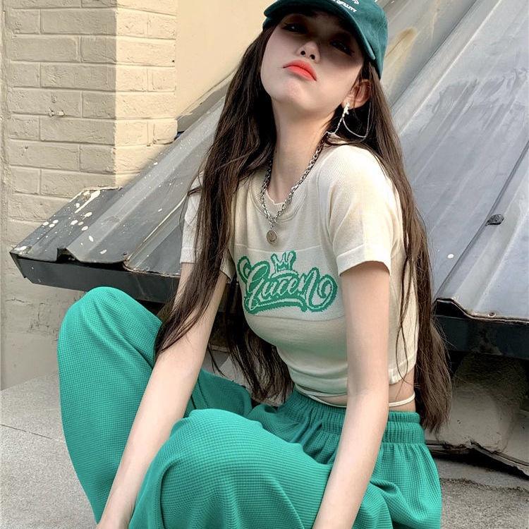 Jiashucheng Áo Thun Nữ Ngắn Tay In Chữ Phong Cách Mới