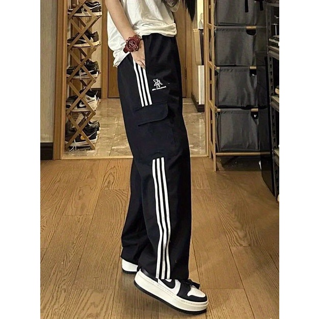 Jiashucheng Quần Yếm Dáng Rộng Họa Tiết Kẻ Sọc Phong Cách Hip Hop Thời Trang Cho Nam Và Nữ