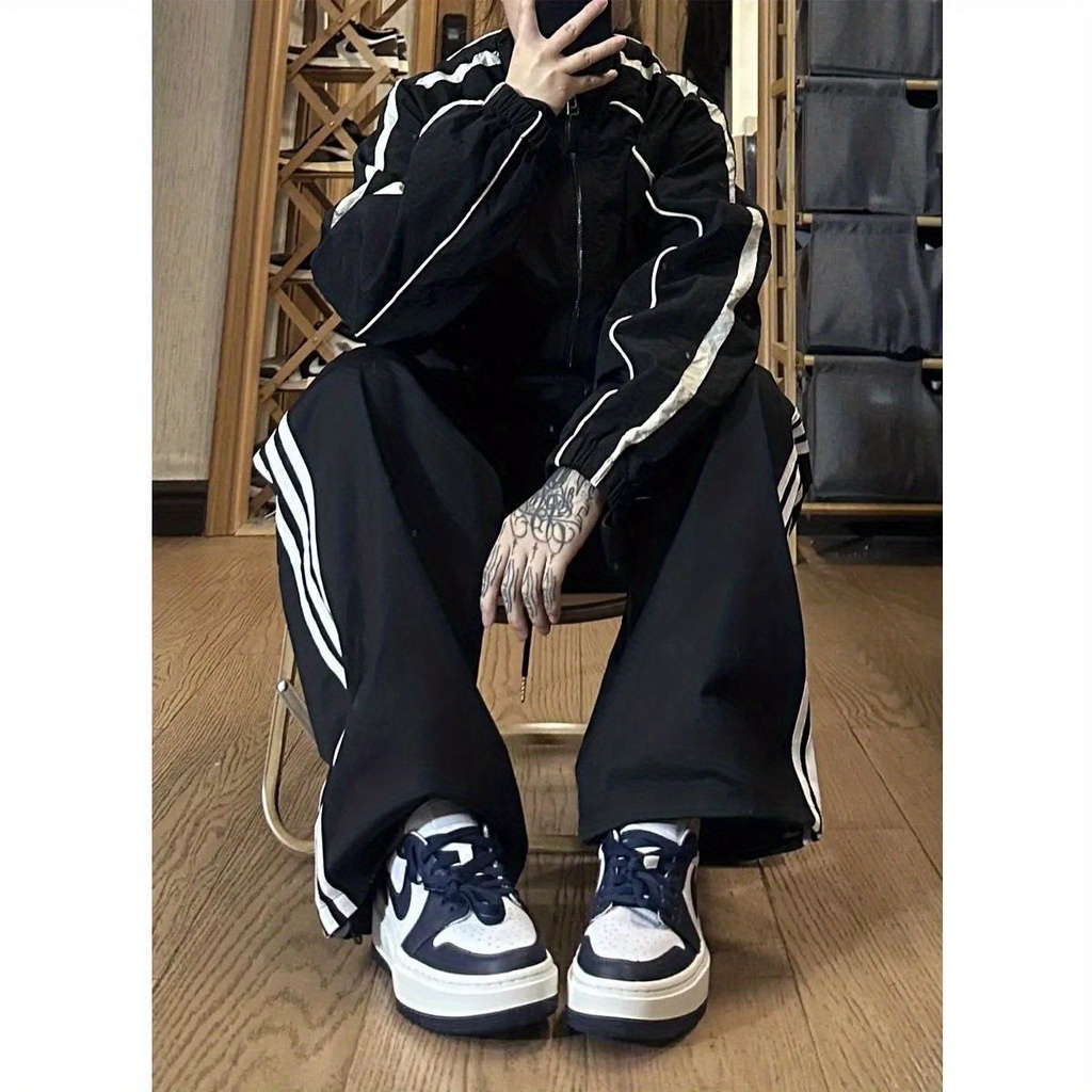 Jiashucheng Quần Yếm Dáng Rộng Họa Tiết Kẻ Sọc Phong Cách Hip Hop Thời Trang Cho Nam Và Nữ