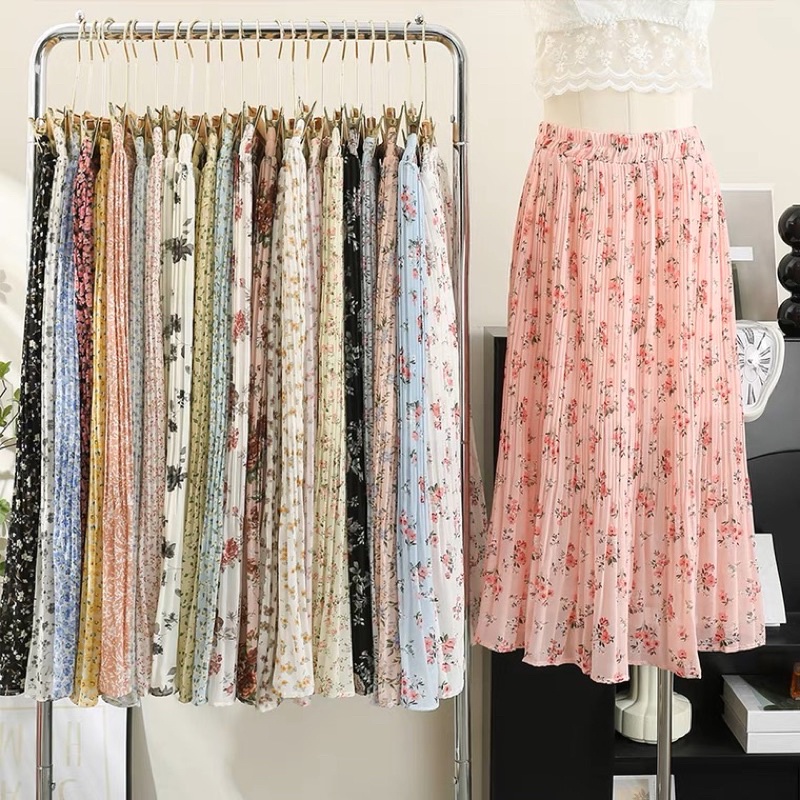 Chân váy midi hoa nhí lưng thun vintage