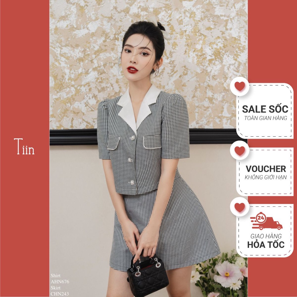 Áo sơ mi nữ cổ vest 2 nắp túi viền lé, áo công sở phối kẻ kín đáo TIINSTORE AHN676