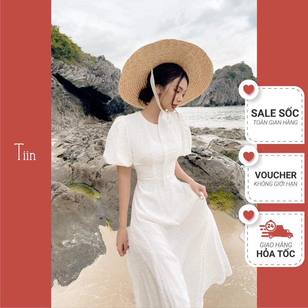 Váy cổ tròn tay bồng nơ lưng TIINSTORE VHN526