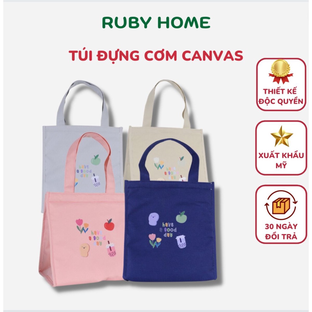 Túi vải đựng cơm vải canvas cao cấp chất vải dày dặn lót giữ nhiệt 2 ly có quai xách tiện lợi RUBY HOME Store