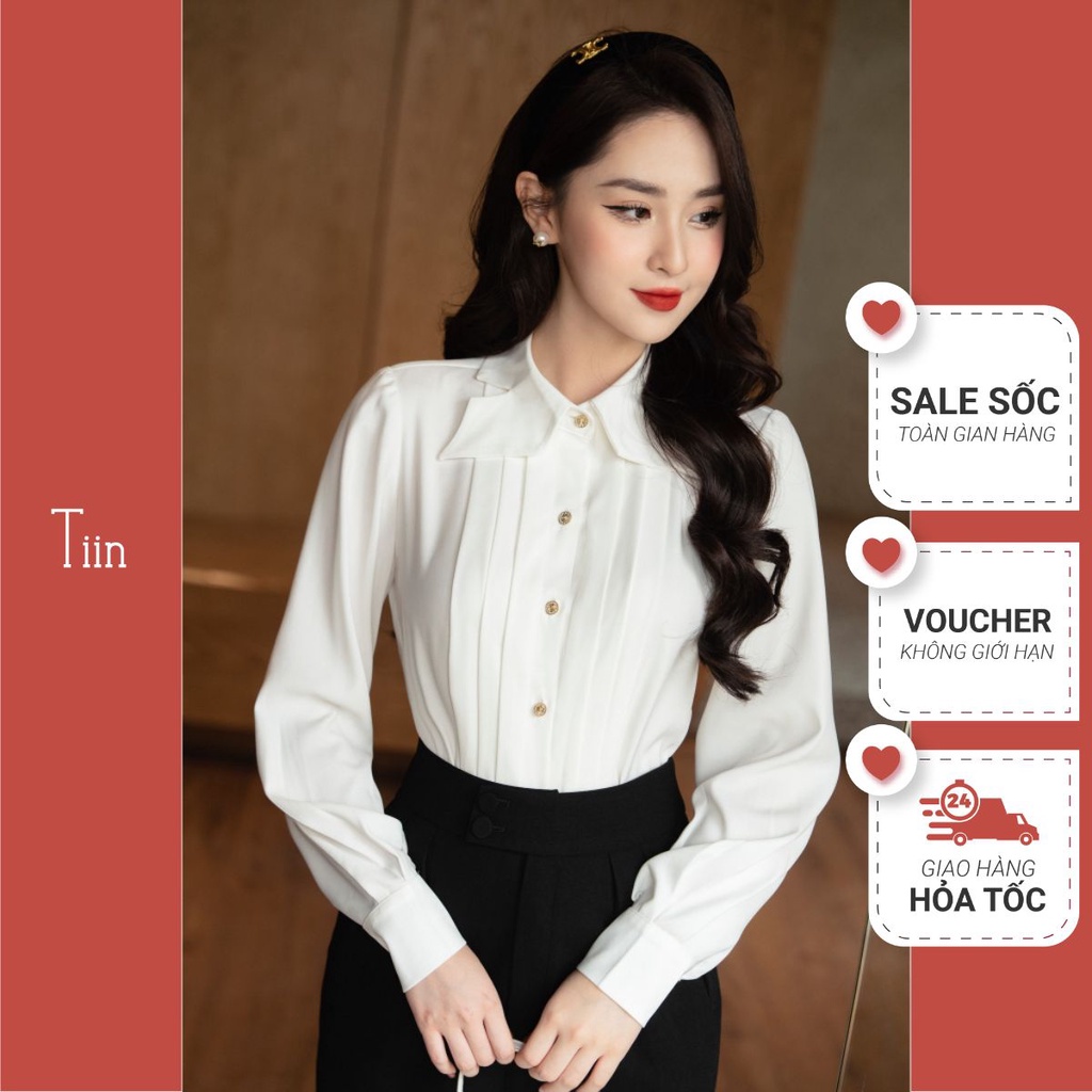 Áo sơ mi cổ đức cánh én thân trần diễu, chất liệu chéo hàn thanh lịch TIINSTORE AHD727