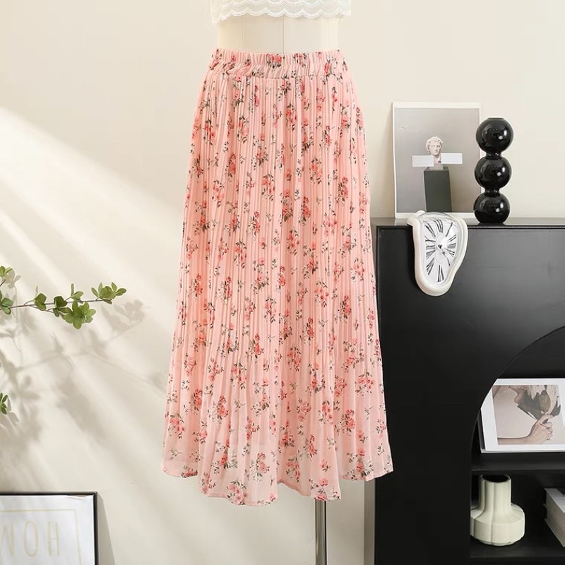 Chân váy midi hoa nhí lưng thun vintage