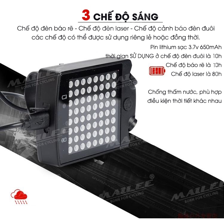 Đèn Đuôi Xe Đạp Led Xi nhan A-112 màn hình đa hiển thị nhiều mẫu 650mAh 64 Leds có remote