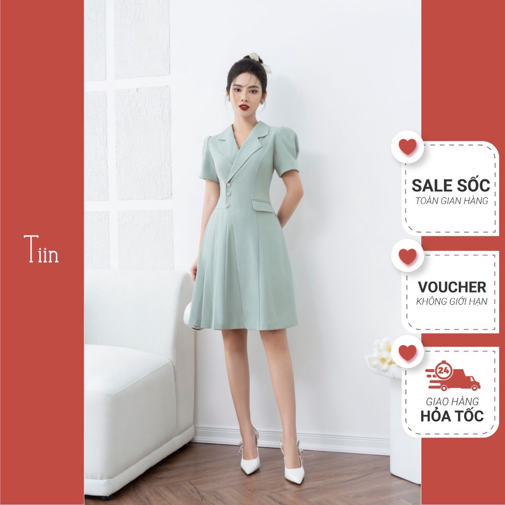 Đầm công sở cổ vest váy cổ vest xếp ly vai bồng chất TUYTSY Hàn thanh lịch TIINSTORE VHN793