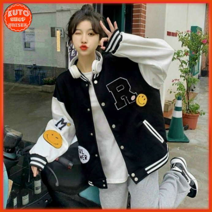 Áo Bomber Nỉ Ngoại nam nữ chống nắng giữ ấm chữ R Mặt Cười (BB110 - Kuto Shop.Brand) TM (Kuto)