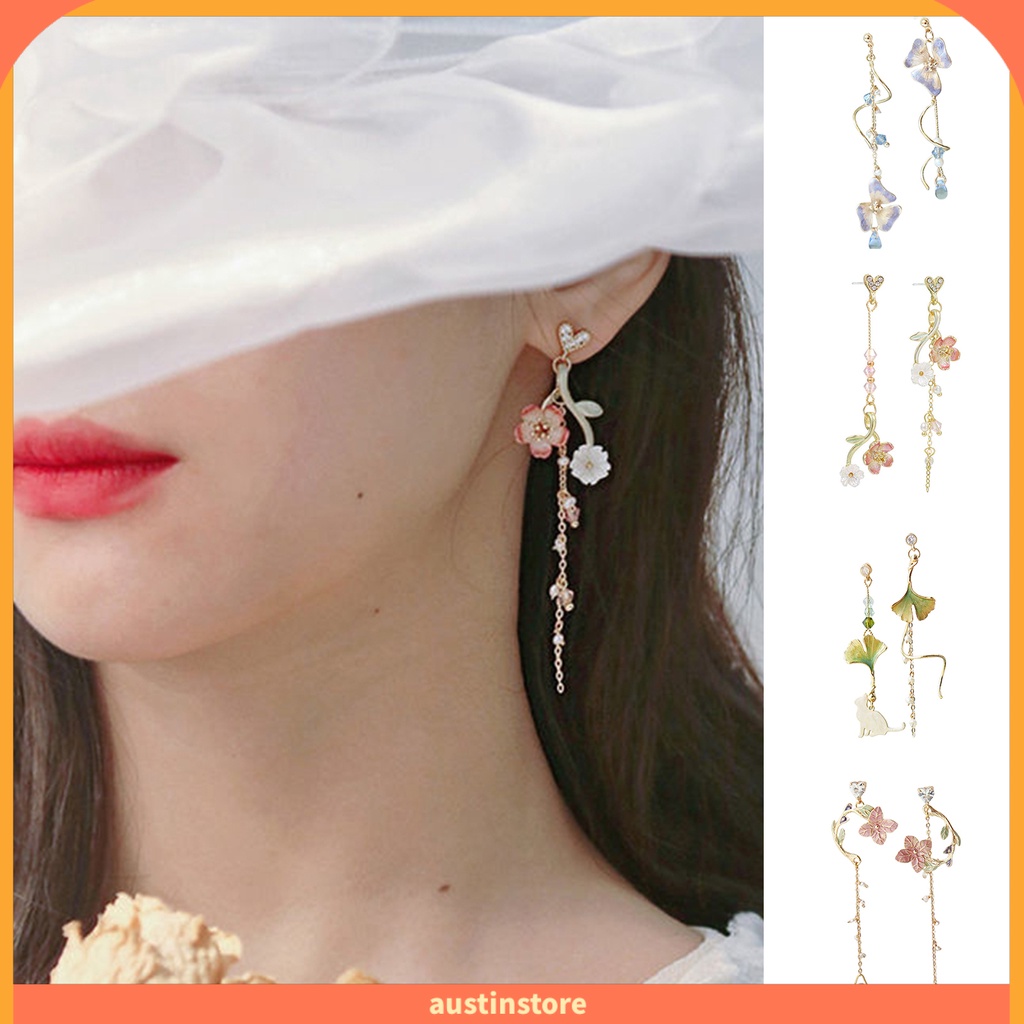 (austinstore) Bông Tai Đính Pha Lê Giả Hình Học Tua Rua Nhiều Màu Sắc Ngọt Ngào Thoải Mái Cho Ngày