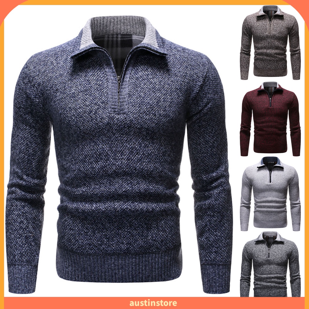 (austinstore) Áo sweater dệt kim tay dài có khóa kéo thân thiện với da cho nam