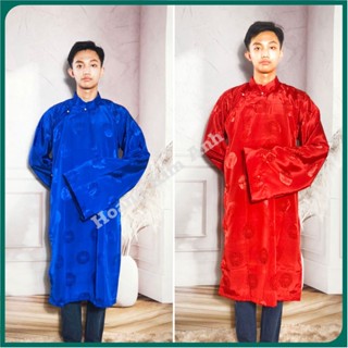 ÁO DÀI NAM TRUYỀN THỐNG MƯNG THỌ LỤA HOA VĂN CHÌM KÈM MẤN, ÁO TẤC NAM KHĂN ĐỐNG ĐỘI ĐẦU TAY RỘNG MẶC LỄ CÚNG ĐÌNH CHÙA