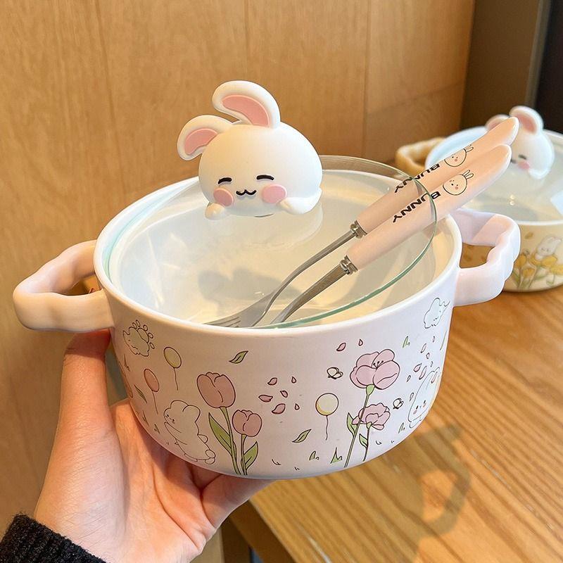Bát Gốm Ăn Mì Có Nắp Đậy Kiểu Hàn Quốc Dễ Thương Cho Học Sinh Ký Túc Xá / Ký Túc Xá