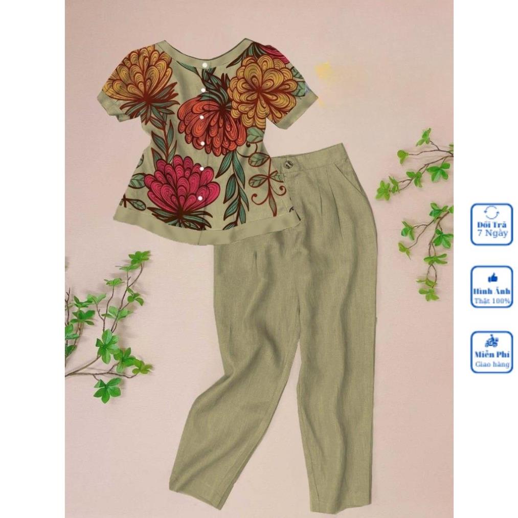 Set Đồ Nữ Mặc Nhà, Bộ Đũi Nữ In Hoa, Quần Ống Rộng, MÃ M10