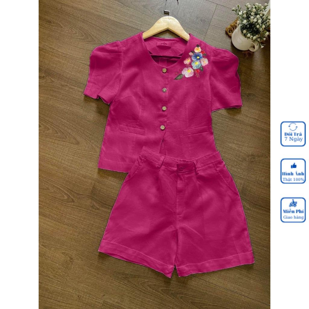Set Đồ Nữ, Quần Đùi Nữ, Áo Croptop, Chất Liệu Đũi, Mặc Đi Chơi, MÃ H6