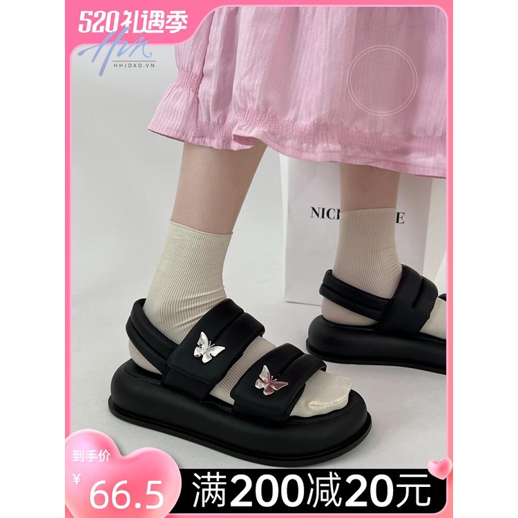 Giày Sandal Đế Dày Màu Đen Phong Cách Retro Mùa Hè 2023 Cho Nữ