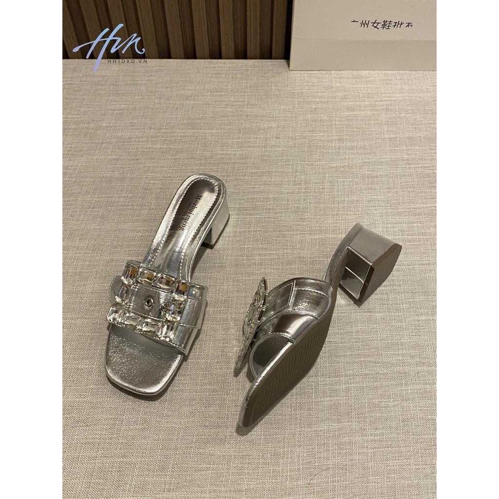 Giày Sandal Cao Gót Đế Thô Quai Đính Đá Vuông Phong Cách Pháp Thời Trang Xuân Hè 2023 Mới Dành Cho Bạn Nữ