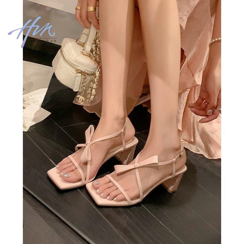 Giày Sandal Cao Gót Mũi Vuông Hở Ngón Phối Nơ Xinh Xắn Theo Phong Cách Mùa Hè Dành