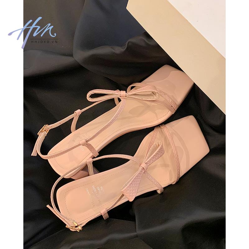 Giày Sandal Cao Gót Mũi Vuông Hở Ngón Phối Nơ Xinh Xắn Theo Phong Cách Mùa Hè Dành