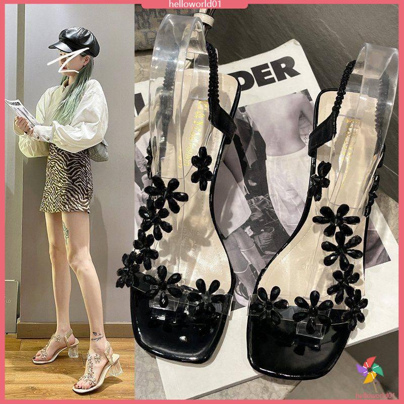 Dép Sandal Gót Dày Quai Trong Suốt Đính Hoa Thời Trang Mùa Hè Trẻ Trung Dép lê sỏ ngón nữ
