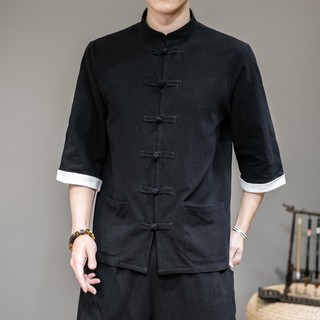 Áo Sơ Mi Cotton Lanh Tay Ngắn Cổ Đứng Dáng Rộng Cài Khuy Kiểu Trung Hoa Thời Trang Mùa Hè Cho Nam