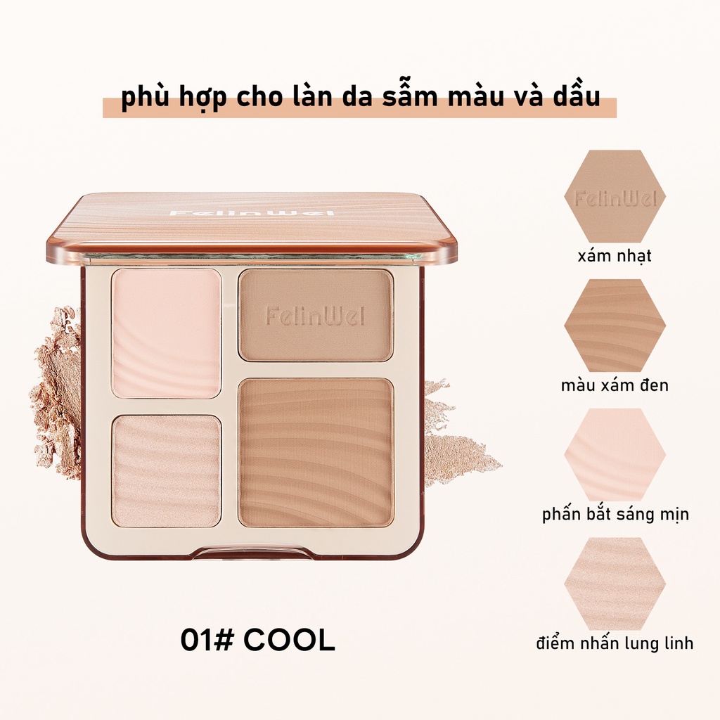 Bảng phấn bắt sáng tạo khối FELINWEL 4 màu mờ/ nhũ 3D trang điểm đa năng